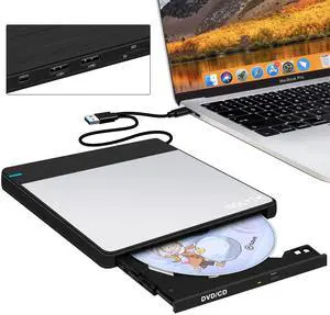NOLYTH External CD DVD Drive: USB Burner for Laptop Mac PC MacBook Windows 11 - Portable Slim with SD/TF/2 USB Ports Aluminium Plate Design - Plug & Play High-Speed Read Write(Black Silver)