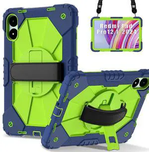 Doemoil for Xiaomi Redmi Pad Pro 12.1"/Xiaomi Poco Pad 12.1" Case with with Kickstand/Hand Strap/Rotating/Shoulder Strap (Navy Green/Blue)