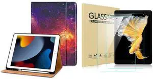 DTTO for iPad 9th/8th/7th Generation 10.2 Inch Case 2021/2020/2019, Premium Leather Business Folio Stand Cover with 2 Pack HD Clear Tempered Glass Screen Protector, Galaxy