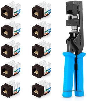 Everest Media Solutions Bundle - 2 Items: easyJACK - Speed Termination Tool + 10 Pack of RJ45 CAT6 UTP Keystone Jacks - Brown