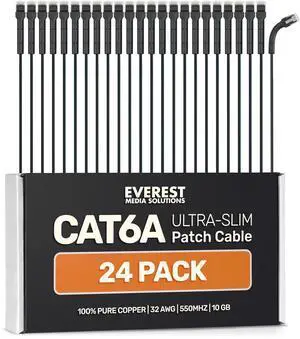 Everest Ultra Slim Cat6a Ethernet Patch Cables 10ft (24-Pack) Black - 10GB Cat 6a Patch Cable - Bendable, Flexible & Thin Ethernet Cable - Space Saving 32AWG 550MHZ Cat6a Cables - 100% Copper Wires
