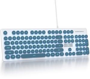 Fogruaden Wired Retro Typewriter Keyboard, Quiet Full Size Membrane Keyboard Light Up, Blue Cute Computer Keyboards, 104 Round Keys, Blue LED Backlit, Slim, Silent for Windows PC, Laptop