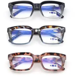 GINGEREYE 3 pack Oprah style Spring hinge Readers Blue Light Blocking Computer Square Reading Glasses for Women Men +3.5