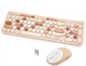 Wireless Keyboard and Mouse Combo, Retro Typewriter Wireless Keyboard with Round Keycaps, 2.4GHz USB Cute Wireless Keyboard Mouse for Computer, Desktop, Laptop (Milk Tea Colorful)