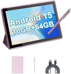 HOTTABLET 10" Android 15 Tablet, 10(4+6Expand) GB RAM+64GB ROM, 2+8MP Dual Camera, 6000mAh Battery (Tablet+case+Stylus), Pink