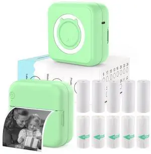 HUIJUTCHEN Mini Sticker Printer - Mini Pocket Printer for iPhone Thermal Printer with 10 Rolls Thermal Paper for Journal, Memo, Photo, Green, US-024