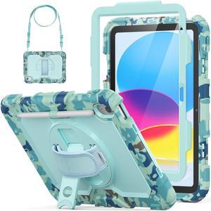 HXCASEAC Case for iPad (A16) 11th/10th Generation 2025/2022, with Pencil Holder, Screen Protector, Hand Strap, Heavy Duty Protective for iPad 10 Case/ 11-inch A2696/A2757/A3354/A3355, Camo Blue