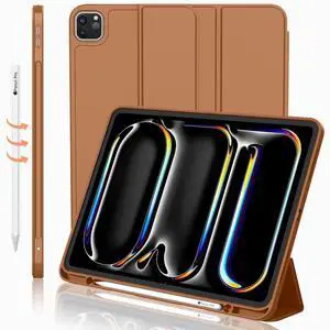 iMieet iPad Pro 13 Inch Case M4 (2024) with Pencil Holder, Trifold Stand Smart Case with Soft TPU Back, Auto Wake/Sleep (Brown)
