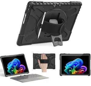 Junfire Protective Case for Microsoft Surface Pro 11/Pro 10/Pro 9, Shockproof Rugged Case 13 inch with 360°Rotatable Kickstand/Hand Strap/Stylus Holder, Compatible with Type Cover Keyboard-Black