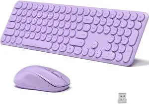 KEQTFT Wireless Keyboard and Mouse Combo, 110 Round Quiet Keys, Adjustable Optical Mouse, Share 1xUSB Receiver, Power Switch, for Windows Mac(Purple)