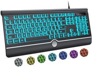 KOPJIPPOM Large Print Backlit Computer Keyboard, USB Full Size Wired Keyboards with 7-Colors Backlight, Wrist Rest, Light Up Keyboard for Windows, PC, Laptop - Easy to See, Easy to Setup