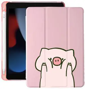 Cute Cartoon Pig for iPad Air5/Air4 Case with Pencil Holder, Auto Sleep/Wake, Pink Leather Soft TPU Back Cover for iPad 10.9 Inch 2022/2020