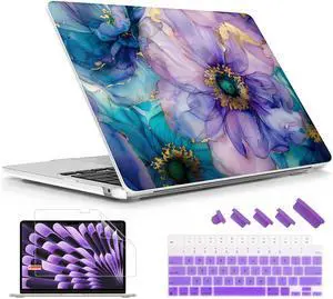 Lepeoac Case for MacBook Air 15 Inch 2025 2024 2023 Release M4 A3241 M3 A3114 M2 A2941, Hard Shell with Screen Protector & Keyboard Cover, Compatible with Touch ID, Fluid Art Flowers