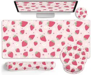 LIMKRIAN Strawberry Mouse Pad Desk Mat Set, Pink Ergonomic Mouse Pad with Wrist Rest, Large Gaming Mousepad Wrist Support Keyboard Mat Cup Coaster Set, Cute Office Desk Decor Accessories Supplies