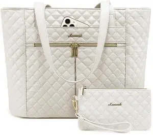 LOVEVOOK Laptop Bag for Women 17 inch,Diamond Quilted Work Tote Bags Womens Laptop Tote Bag Computer Shoulder Bags,Stylish Travel Tote Bags Laptop Purse Briefcase Handbag with Clutch Purse,Off-white