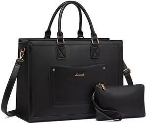 LOVEVOOK Laptop Bag for Women, 15.6 inch Laptop Tote Bag PU Vintage Leather Computer bag Work Bags with Clutch Purse for Teacher College Business Office, Black