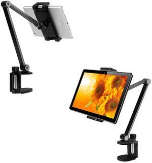 Aluminum Long Arm Tablet Stand Mount Compatible with iPhone/iPad/iPad Mini/iPad Pro 12.9" Any Phone/Tablets 4-13 inch,360deg Swivel with Bracket Cradle for Home, Office,Kitchen and Bed-Black