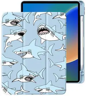 Cute Cool Shark for iPad Mini 6 Case with Pencil Holder, Foldable Blue Leather Cover Case, Support Auto Sleep Wake