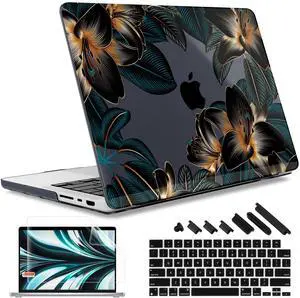 May Chen Case for M4 MacBook Pro 14 inch Case A3112 A3401 Max A3185, M3 A2918 A2992, M2 A2779 M1 A2442, 2024 2023 2022 2021 Release, Plastic Hard Shell Case with Keyboard Cover, Golden Lilies Flowers