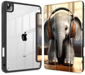 May Chen Case for iPad Pro 11-inch 2024 5th Generation M4 Chip, [Built Pencil Holder Supports Pencil 2/USB-C] Ultra Thin Clear Back Shell with Trifold Support Auto Wake/Sleep, elephent