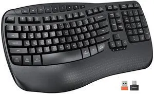MEETION Wireless Ergonomic Keyboard, Wave Keys Wrist Rest Natural Typing Keyboard, 2.4G Cordless USB A and USB C Adapter, Wireless Computer Keyboard Compatible with Windows/Mac/PC/Laptop, Black