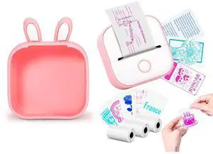 Memoking T02 Sticker Printer and Pink Bunny Case - Print Pods Mini Printer Portable Thermal Inkless Sticker Maker Machine
