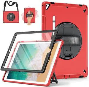 Miesherk Case for iPad Pro 12.9 2nd Generation 2017 & 2015 1st Generation, Heavy Duty Rugged Shockproof Protective Cover w/360degRotating Stand/Hand/Shoulder Strap/Pencil Holder Red