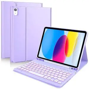 MMK for iPad 11th 10th Generation Case with Keyboard, Keyboard Case for iPad 10th Gen 10.9 inch (2022) & 11th (A16, 2025), 7-Color Backlight,Detachable Bluetooth Keyboard,Pencil Holder-Purple