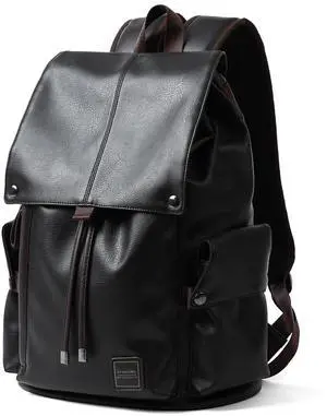 MOYYI Leather Backpack for Men Fits 15.6" Laptop Vintage Backpacks Waterproof Drawstring Backpack for Travel Daily Work Black