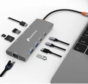PowerEnvy USB C Laptop Docking Station Hub, 9-in-1 USB Adapter Multiport HUB with 100W Type C Charging 5Gbps+USB Port+4K+HDMI Port+1000M Ethernet TF/MicroSD Data Transfer Port for Dual Monitor