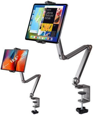 Aluminum Alloy Tablet Stand for Desk, 360deg Adjustable iPad Arm Mount Foldable Phone Holder Compatible with iPad Pro Air 13/12.9/11 Mini, Portable Monitor 15.6, Samsung Galaxy Tab, Kindle- Grey