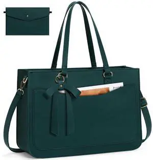 RAINSMORE Laptop Bag for Women 15.6 Inch Work Tote Bags Leather Laptop Tote Waterproof Computer Bag Professional Office Business Briefcase Large Handbag for College Teacher Travel, Green