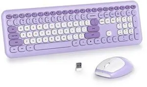 SbocKeeb Wireless Typewriter Keyboard and Mouse Combo Retro 104 Key Full Size Office Set Purple with Silent Round Keycaps, Ideal for Laptop and Desktop PCs, Cute Design Keyboard (Purple White)