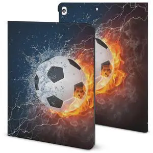 Niapessel for iPad 9th Generation Case/for iPad Air 5th Generation Case/for iPad Pro 11 Inch, Soccer Ball Fire Water Print with Pencil Holder & Stand (TPU Leather)