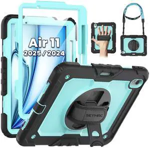 SEYMAC Case for iPad Air 11 Inch M3 2025/M2 2024 (Air 7th/6th Generation), Heavy Duty Shockproof Protective Case with Screen Protector, Rotating Stand and Hand/Shoulder Strap, Light Blue