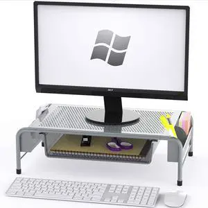 Simple Houseware Metal Desk Monitor Stand Riser with Organizer Drawer, Silver