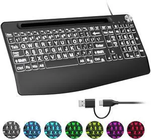 Sksyloo Wired Large Print Keyboard with 7 Colored Backlits,Rechargeable,with Phone Holder &Wrist Rest, Lighted up Full Size Keyboard for Mac Windows Laptop PC, Black