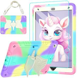 TOMORRY for iPad 9th/8th/7th Generation Case 10.2" with Tempered Glass Screen Protector,Unicorn Stand & Pencil Holder Shoulder Strap,Shockproof for iPad 10.2 Case 2021/2020/2019 Kids (Colourful)