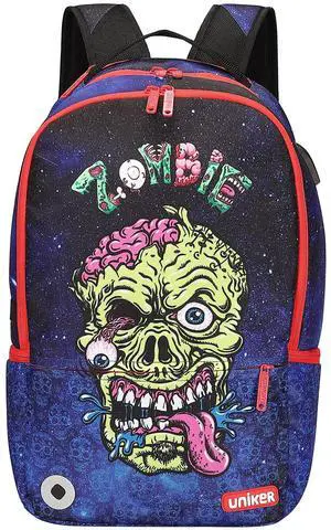 UNIKER Graffiti School Backpack for Teens,18 Inch Computer Hip Hop Daypack for 15.6 Inch Laptop,Cool Backpack with USB Charging Port,Halloween Skull Gift