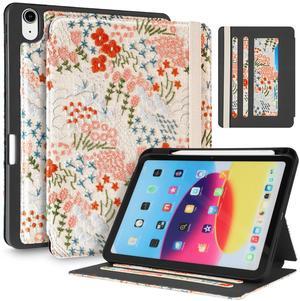 Uppuppy for iPad 10th Generation Case, for iPad (A16) 11th Generation Case - Women Girls Cute Embroidered Folio Stand Cover with Pencil Holder & Card Slot Kawaii Girly Floral Flower Aesthetic Cases
