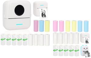 Vicbear Mini Portable Printer Set with 12 Rolls Printing Paper + 16 Rolls Thermal Paper Set, Including Sticker/Colored Plain/White Plain Paper, White