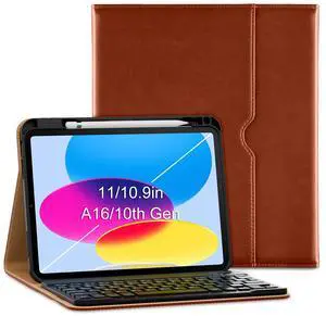 VIKESI Keyboard Case for iPad (A16,2025) 11th Generation/iPad 10th Generation Case (10.9" 2022),Premium Leather Smart Cover,Built-in Breathing Light,Function Row,Pencil Holder,Card Slots - Tea Brown