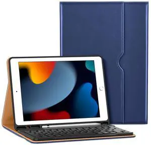 VIKESI Keyboard Case for iPad 9th / 8th / 7th Generation 10.2 inch (2021/2020/2019), Premium Leather Smart Cover, Built-in Breathing Light, Function Row, Pencil Holder, Card Slots - Navy Blue