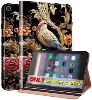 VODEFOX for Kindle Fire HD 10 Case 9th/7th/5th Generation 10.1 Inch (2019/2017/2015),PU Leather Folio Wallet Shockproof Cover with Pencil Holder Elastic Band 10.1" - Flower Birds