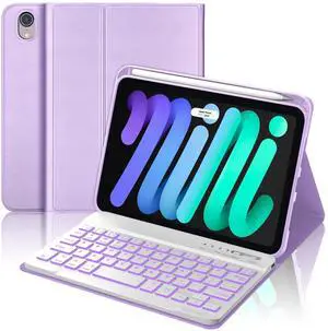 WINCHKING Backlit Keyboard Case for iPad mini (A17 Pro) 7th Generation/6th Gen 8.3 Inch,7-Color Backlit,Detachable Wiress Keyboard Folio Smart Case with Pencil Holder for iPad mini 7/6,Light Purple