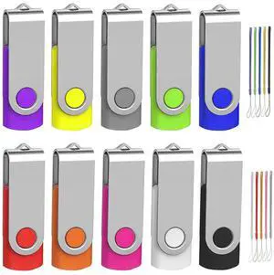 32GB Flash Drive 10 Pack, Wooolken USB 2.0 Thumb Drive Bulk Pen Drive Metal Swivel Memory Stick 32 GB 10 Colors Multipack Value Zip USB Drives with Lanyard