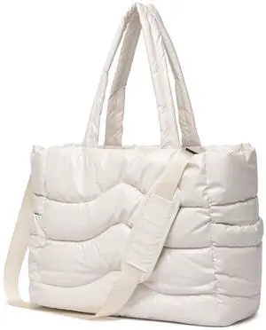 Quilted Puffer Tote Bag for Women- Stylish Multi-Way Carrying Shoulder Bag with Laptop Compartment (milk white)