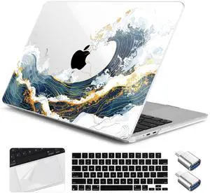 Yebiseven for M4 MacBook Air 15 inch Case 2025 2024 2023 Released A3241 A3114 M3 A2941 M2, Hard Shell Laptop Case with Keyboard Cover & Trackpad Film & 2 OTG Adapters, Wave Illustration