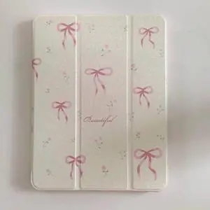 Adjustable Kickstand Mirror Leather Hard Folio Case for Apple Cream White Color Pink Bow Ribbon Beautiful Floral Cute Chic Adorable Lovely Girls Kids (for iPad 7 10.2-inch 7th Generation 2019)