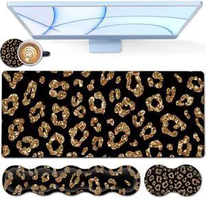 Desk Pad, Keyboard Mouse Pad Set, Extended Gaming Mouse Pad+ Ergonomics Memory Foam Wrist Rest Support,31.5x11.8in Waterproof Large Mouse Pad for Home Office,Gold Leopard Pattern Black XXL Mouse Mat